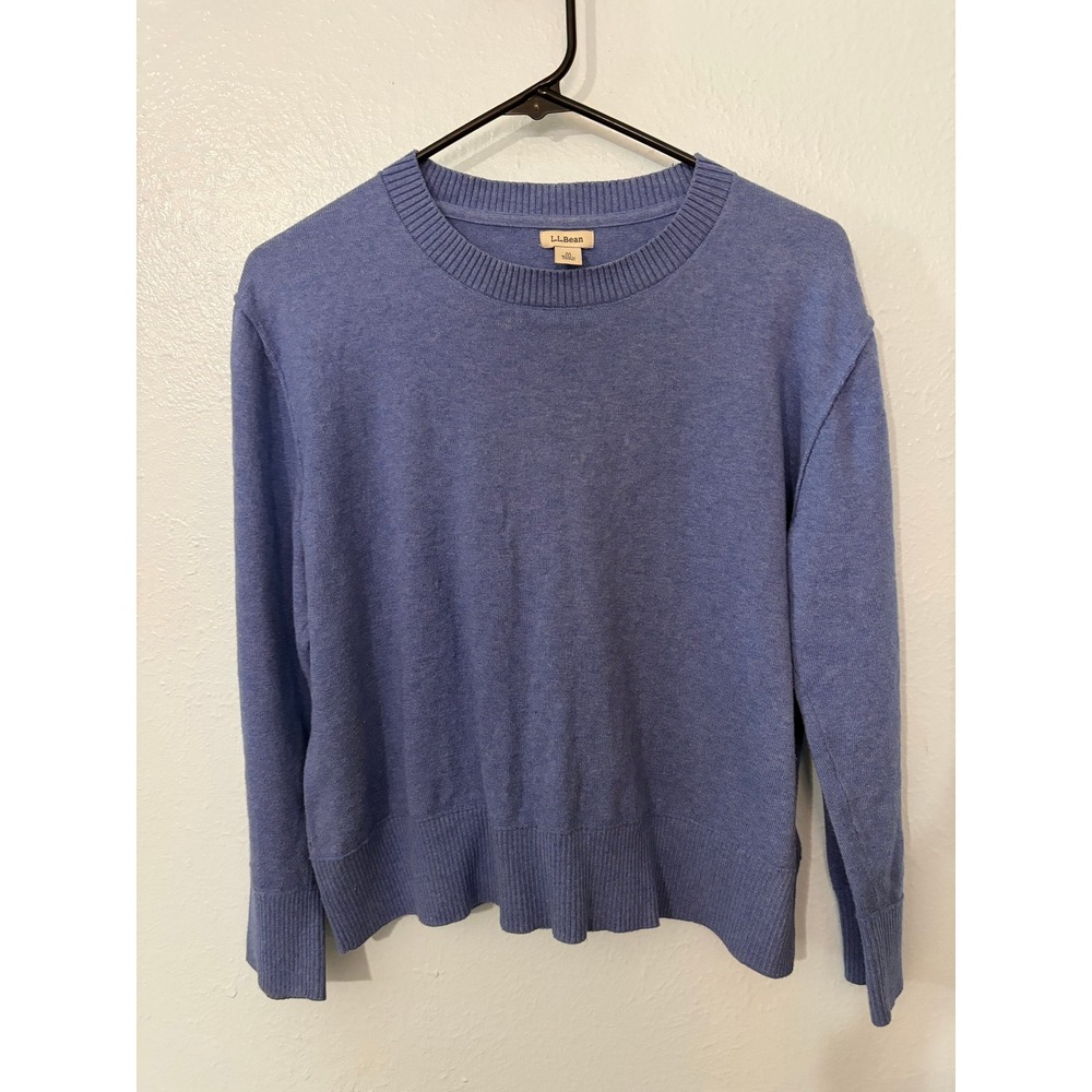 LL Bean Womens M Petite Blue Cotton Cashmere Crewneck Sweater Coastal Old Money